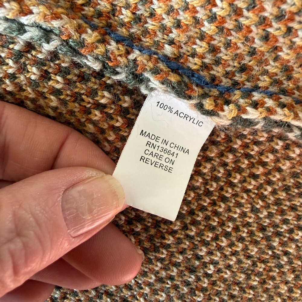Open-Front Geometric Pattern Knit Cardigan - Orange, Blue, Cream Size Medium - Picture 7 of 9